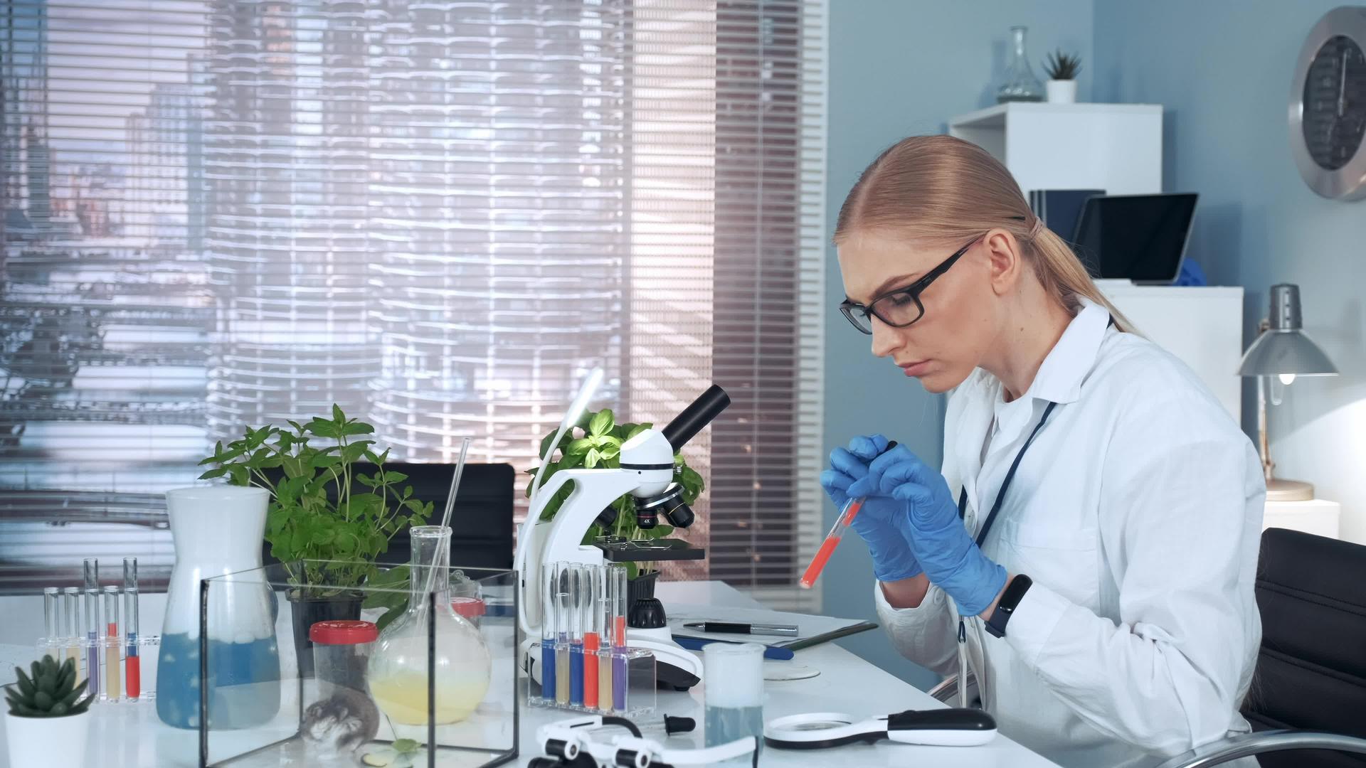 在现代研究实验室女科学家用吸管将样品滴在载玻片上视频的预览图