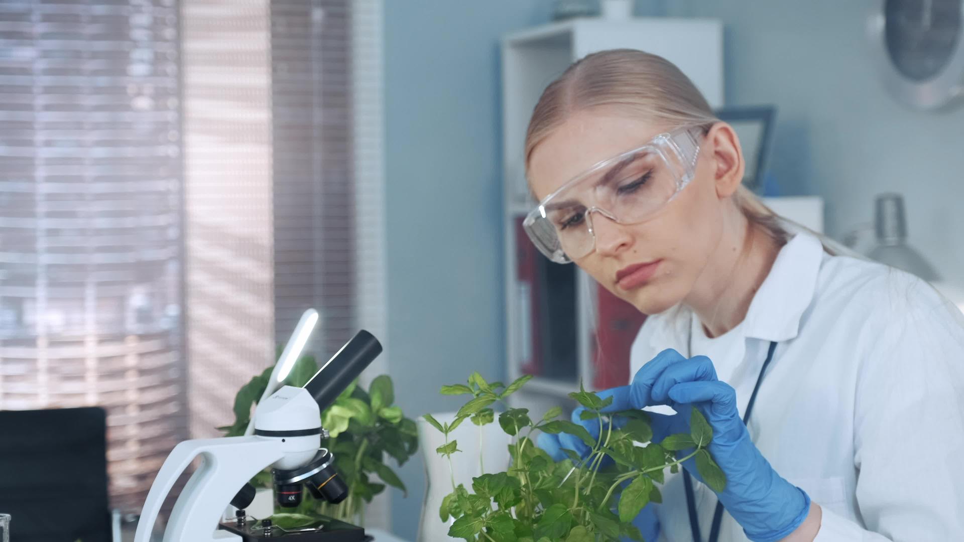 现代实验室里穿着实验室外套和防护眼镜的聪明女人视频的预览图