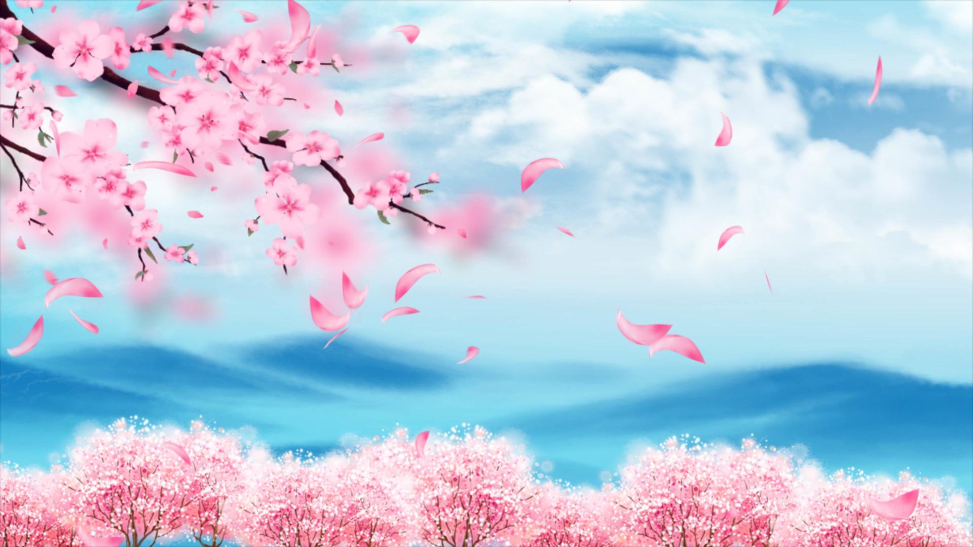4K中国风春天蓝色清新的山间云雾弥漫着花瓣飘飘的视频背景视频的预览图
