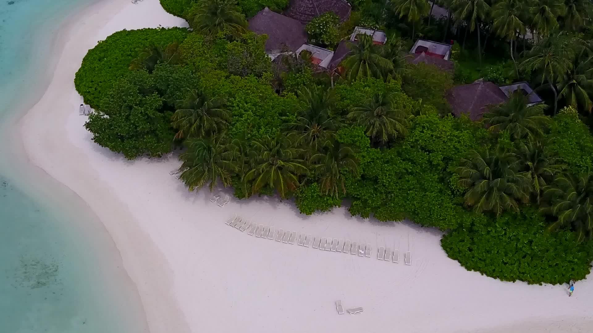 在绿松石水和白沙的背景下空中无人机生活在热带海岸海滩上视频的预览图