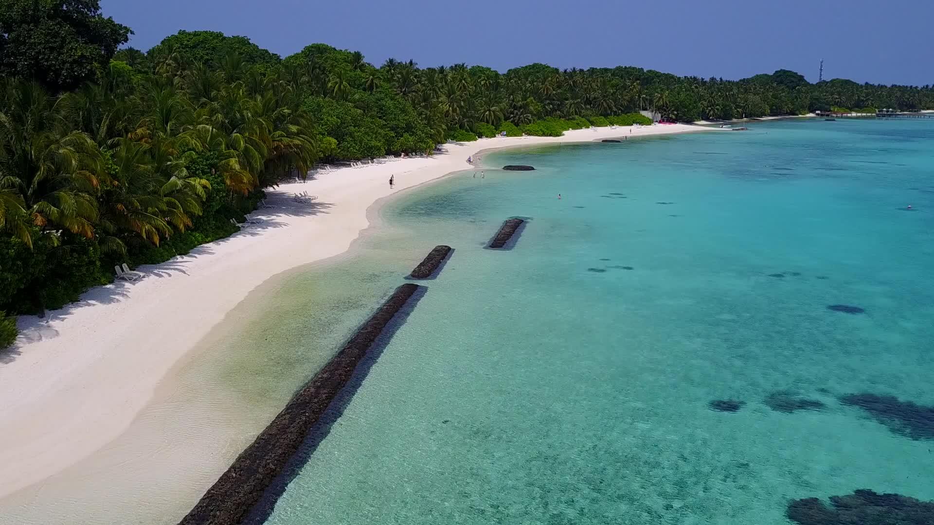 宁静的海滩生活方式以绿色的海洋和白色的沙尘为背景画着无人居住的海滩视频的预览图