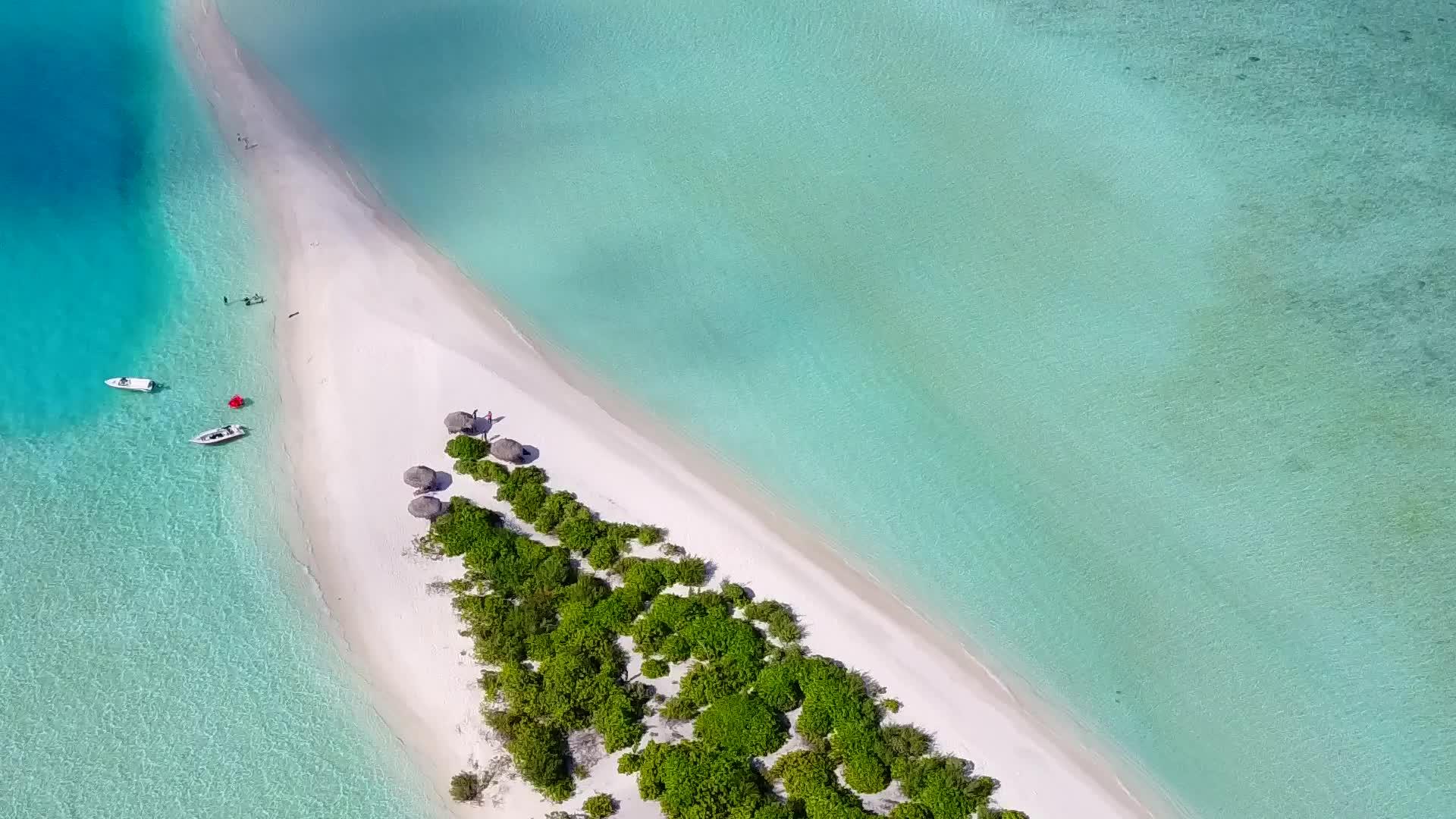 白沙底蓝绿海平息了海岸海滩时间的空中全景视频的预览图