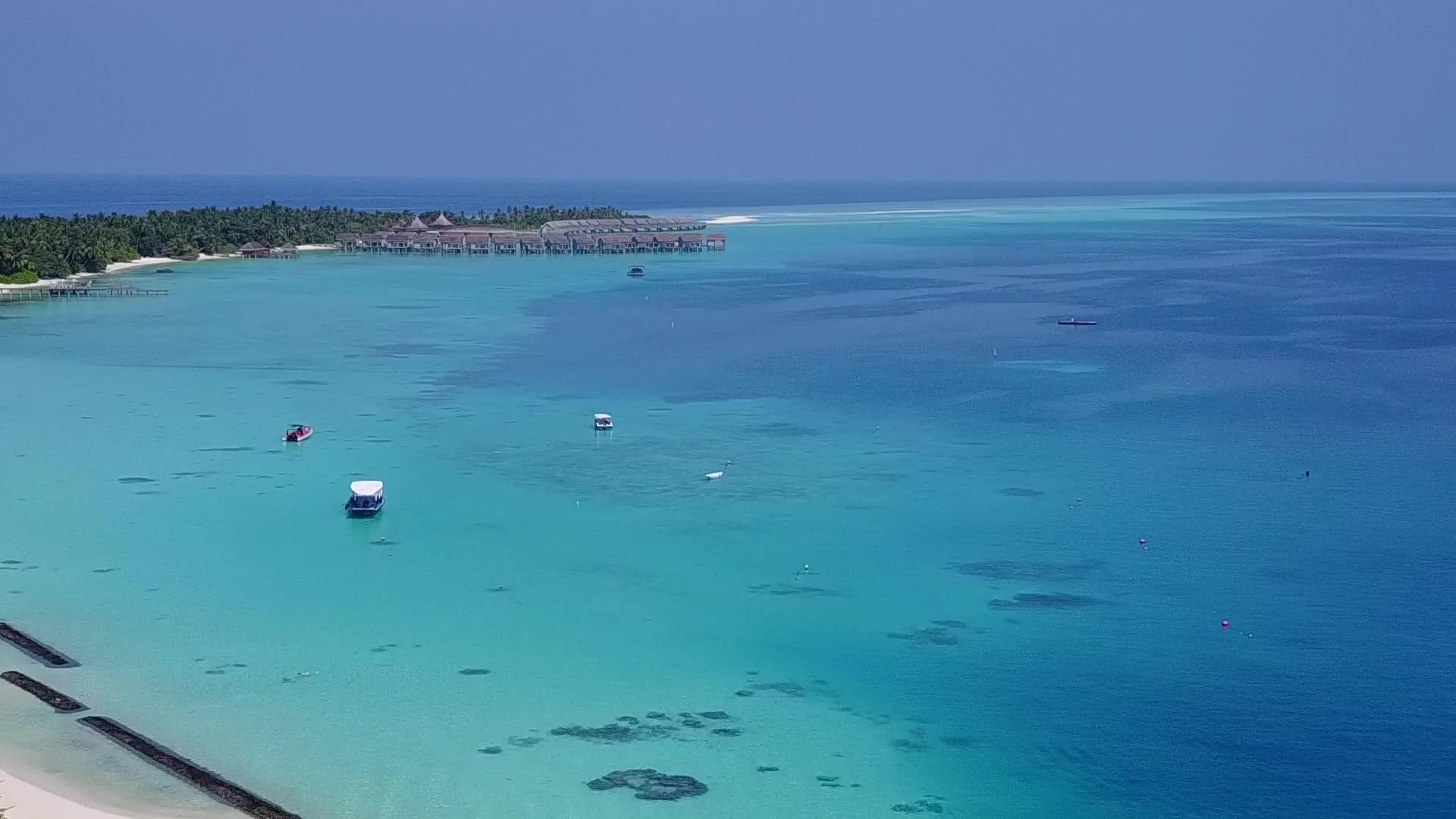 热带岛屿海滩的野生生物利用蓝海和白沙底蓝海在空中视频的预览图