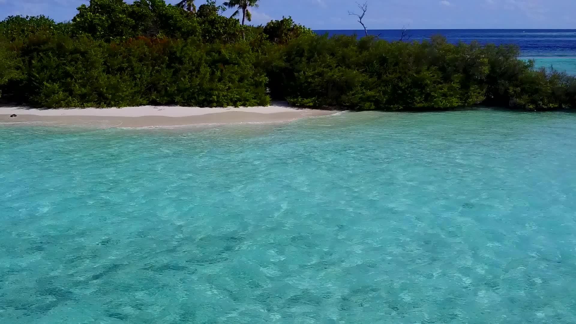 以白色沙滩背景的蓝海为例放松沿海海滩之旅的空中旅行视频的预览图