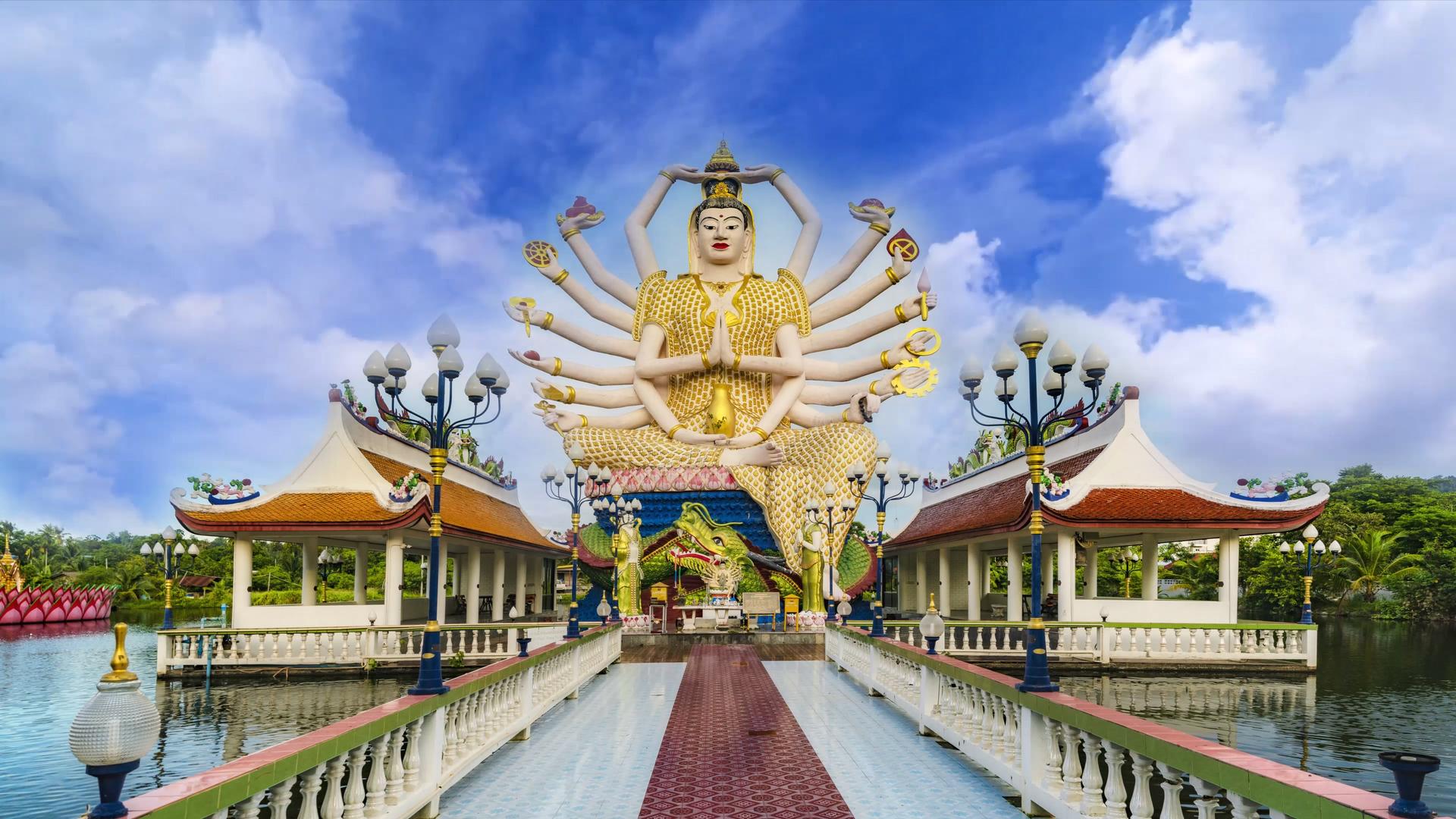 泰国苏梅岛寺庙地标千手观音旅游景照合成背景视频视频的预览图
