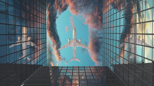 飞机飞越商业摩天大楼日落云美丽3D动画视频的预览图