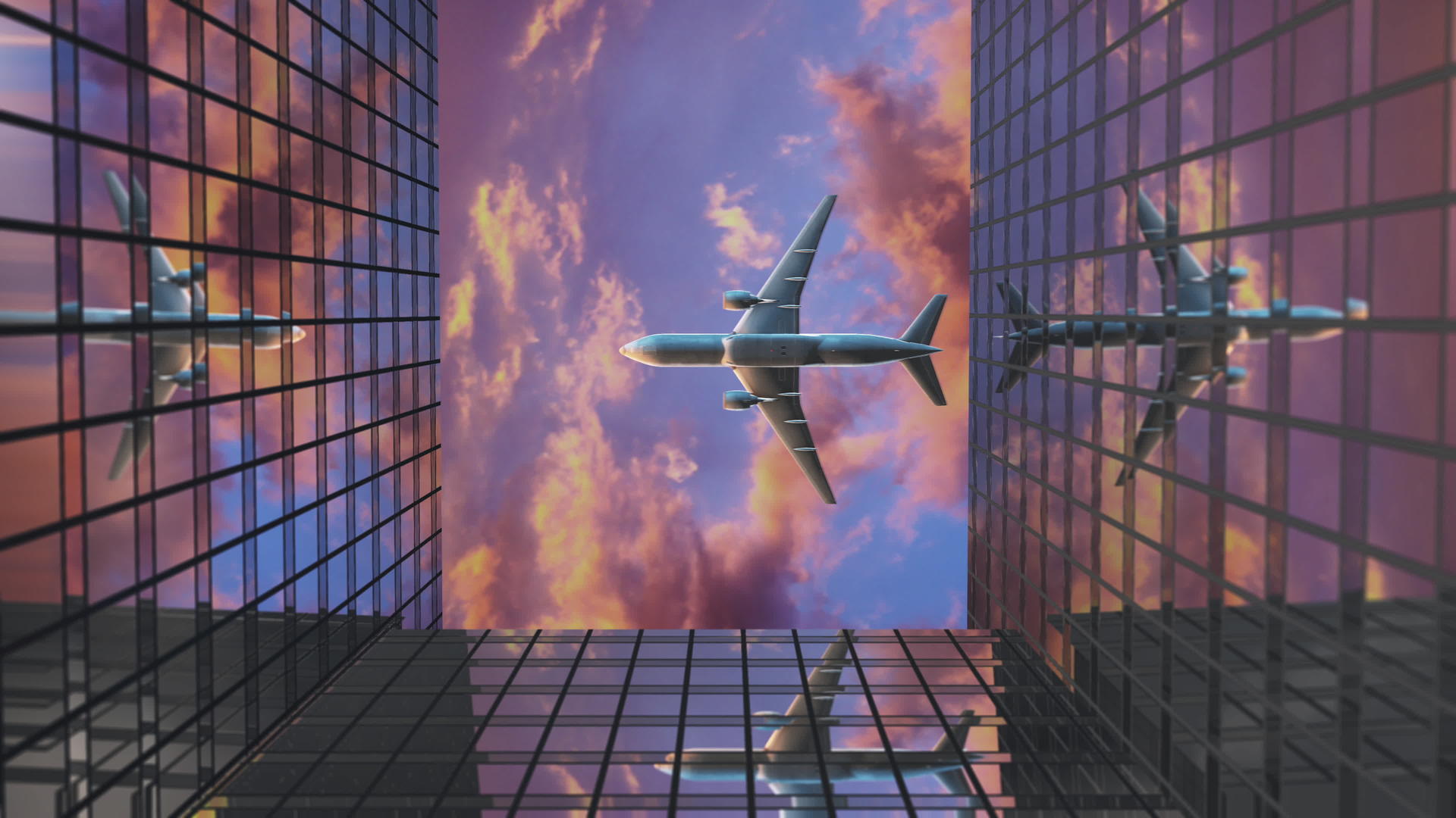 飞机飞越商业摩天大楼抵御日落云视频的预览图