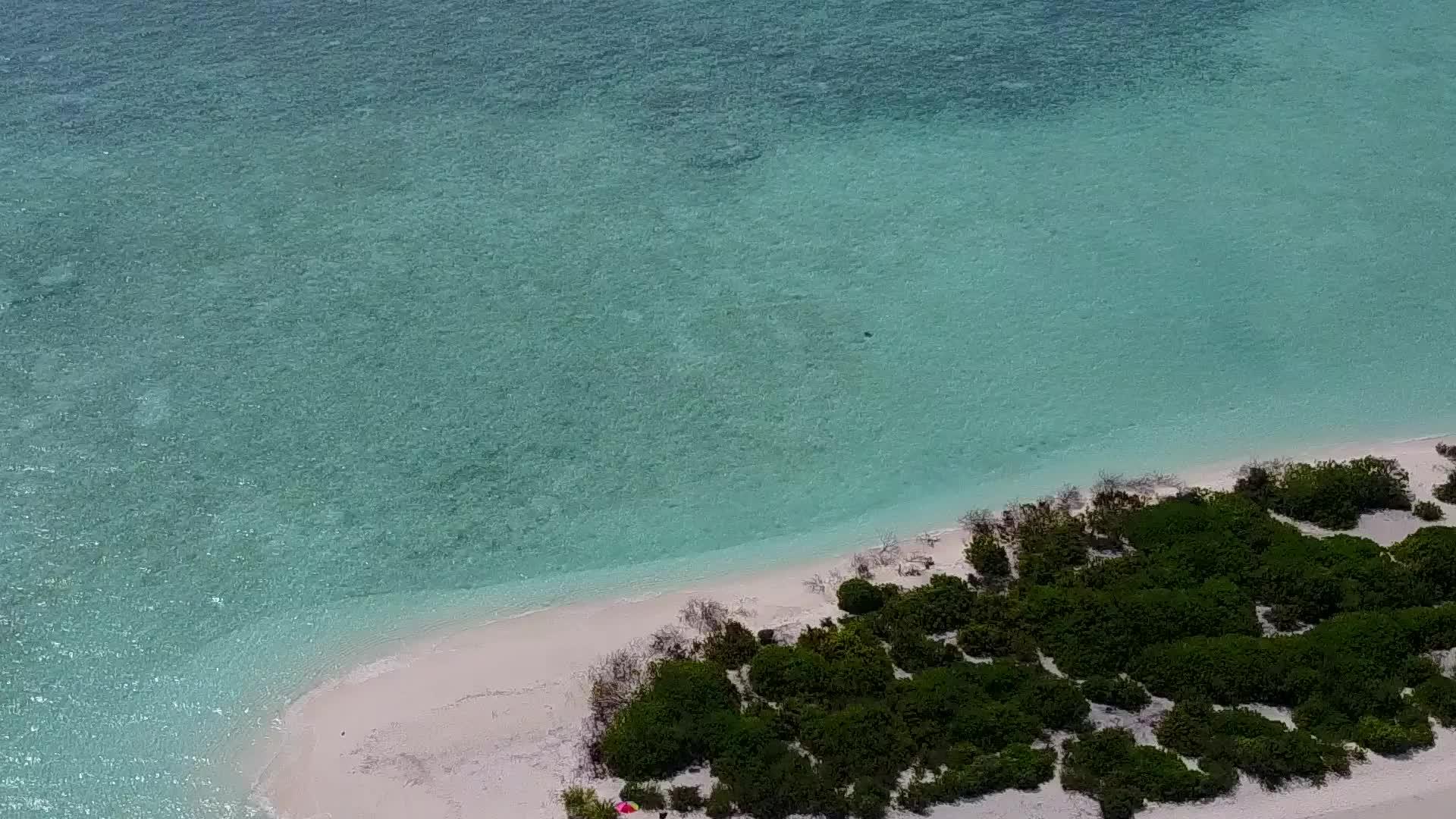 浅海浅海岸海滩冒险空中无人机全景和明亮的沙背景视频的预览图