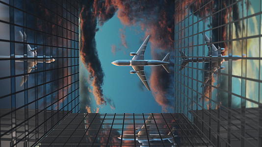 飞机飞越商业摩天大楼美丽的3美丽D动画视频的预览图
