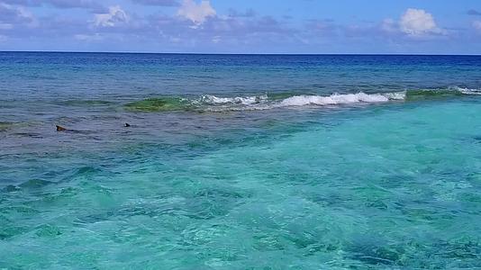 在浅海和亮沙的背景下热带海岸海滩旅行的无人机天空视频的预览图