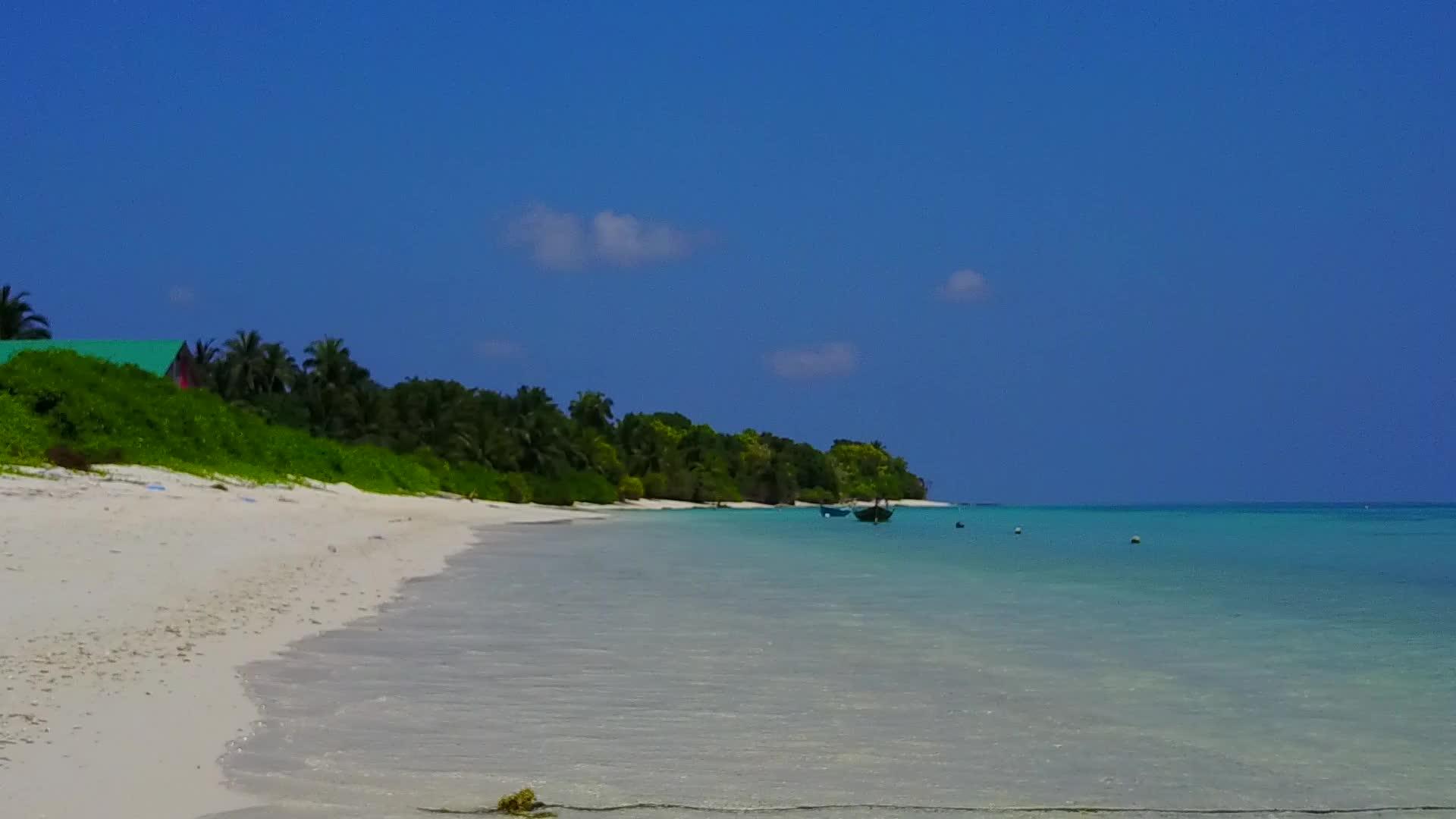 热带环礁湖海滩野生生物通过蓝绿色海洋和清洁沙地的背景视频的预览图