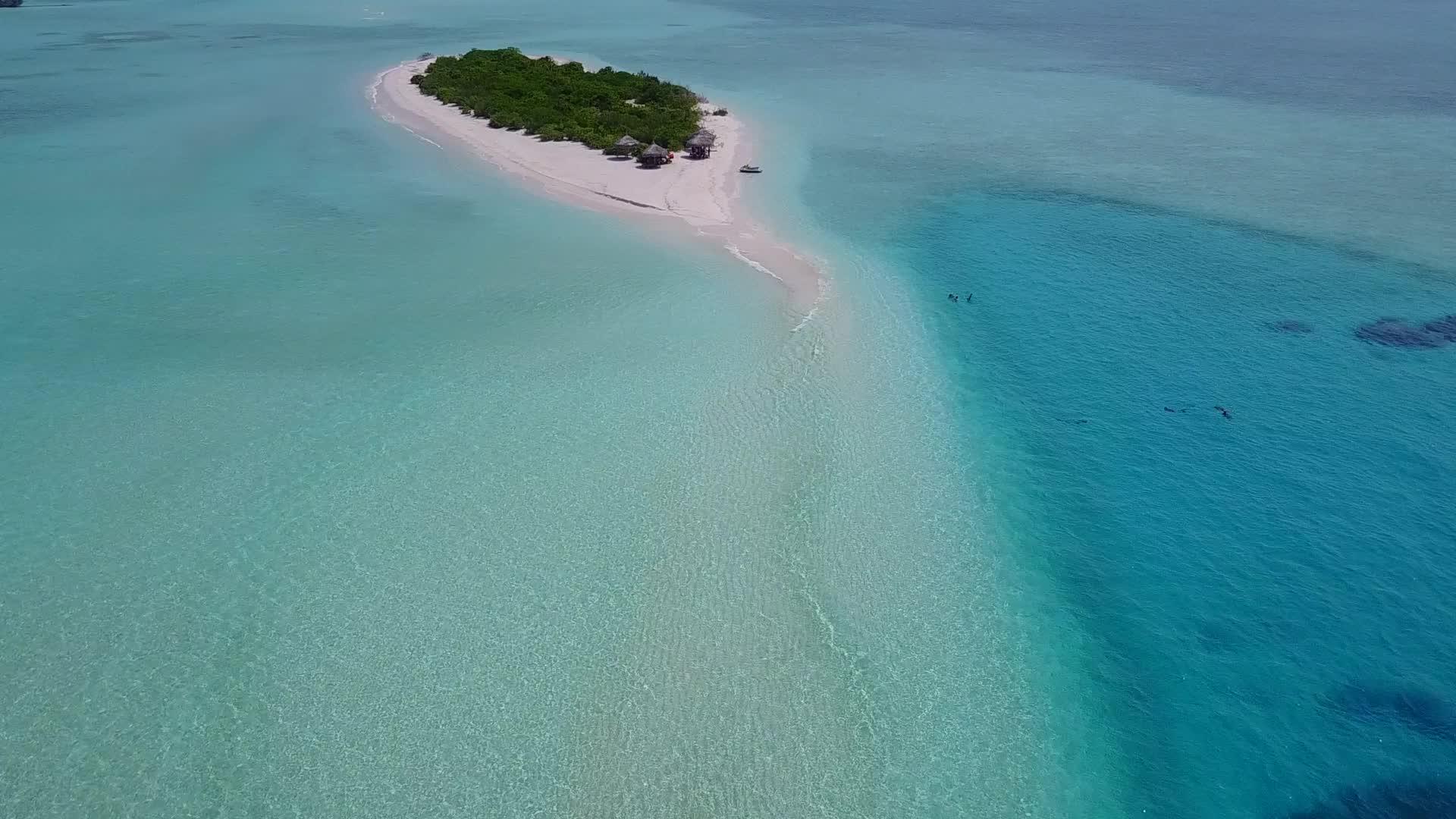 在蓝色泻湖和白沙的背景下完美的无人机海岸线海滩野生动物视频的预览图