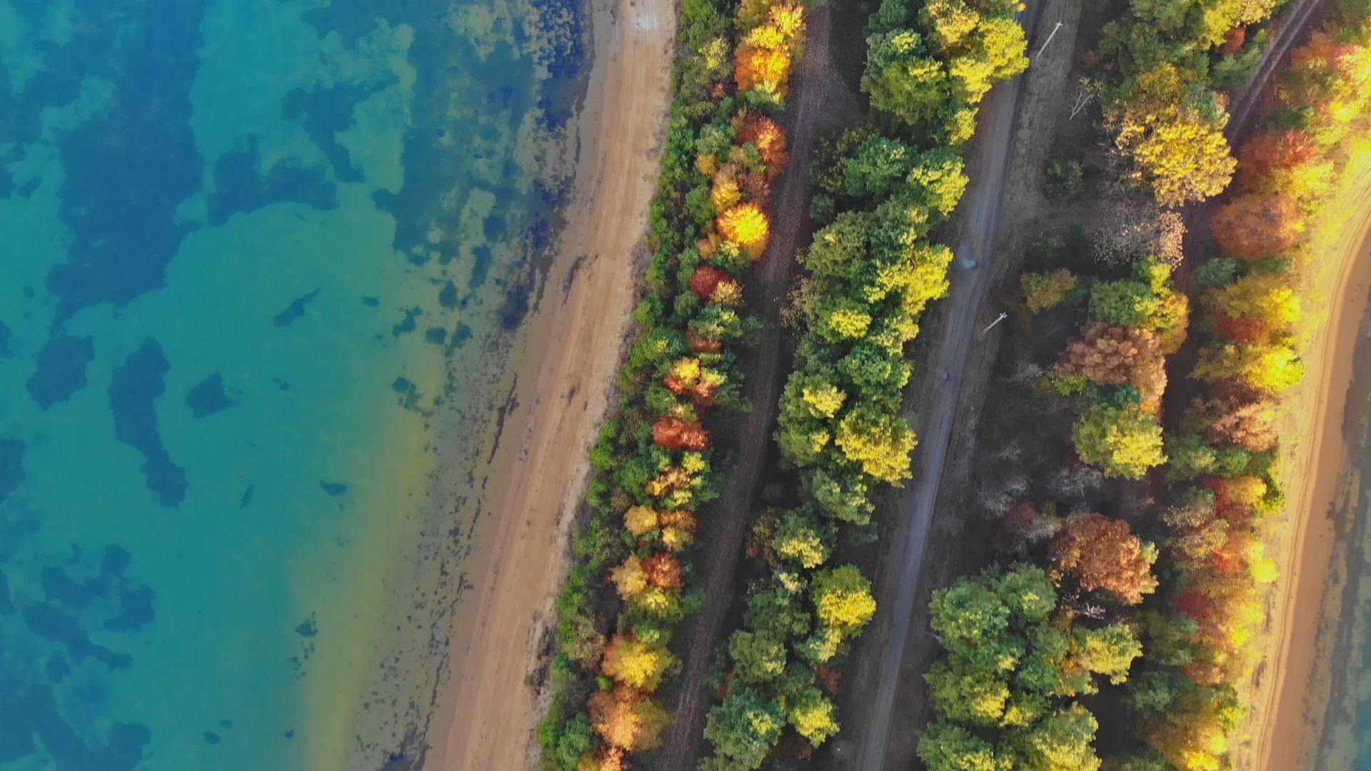 秋天农村地区无人驾驶飞机的观测点天空下有森林湖泊视频的预览图