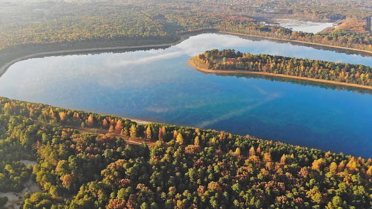 湖水和秋天的颜色在树上竞争秋天的颜色是为了场景平静的薄雾视频的预览图