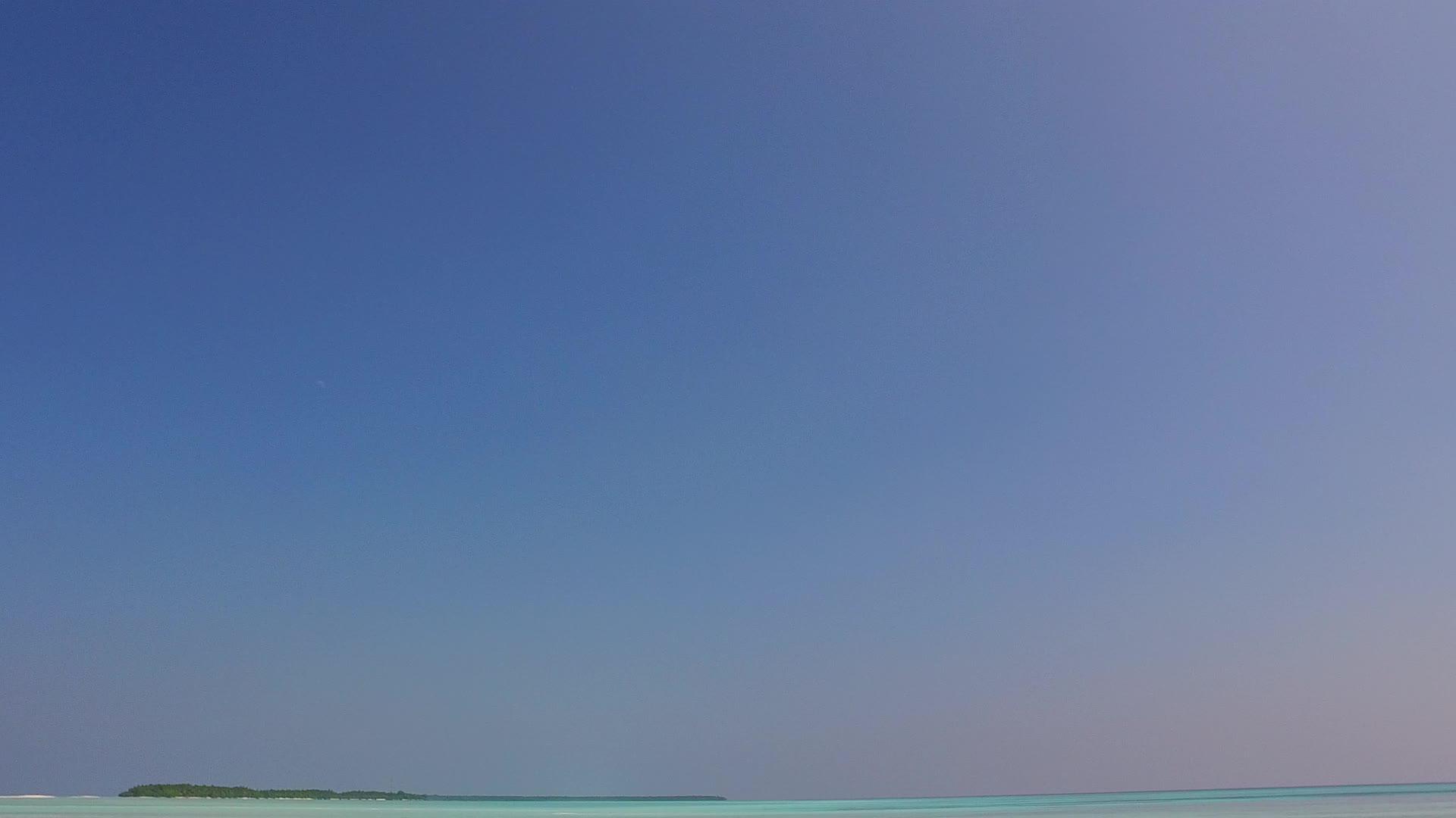 阳光明媚的豪华岛屿海滩全景沿着蓝海航行棕榈树附近有干净的棕榈树视频的预览图