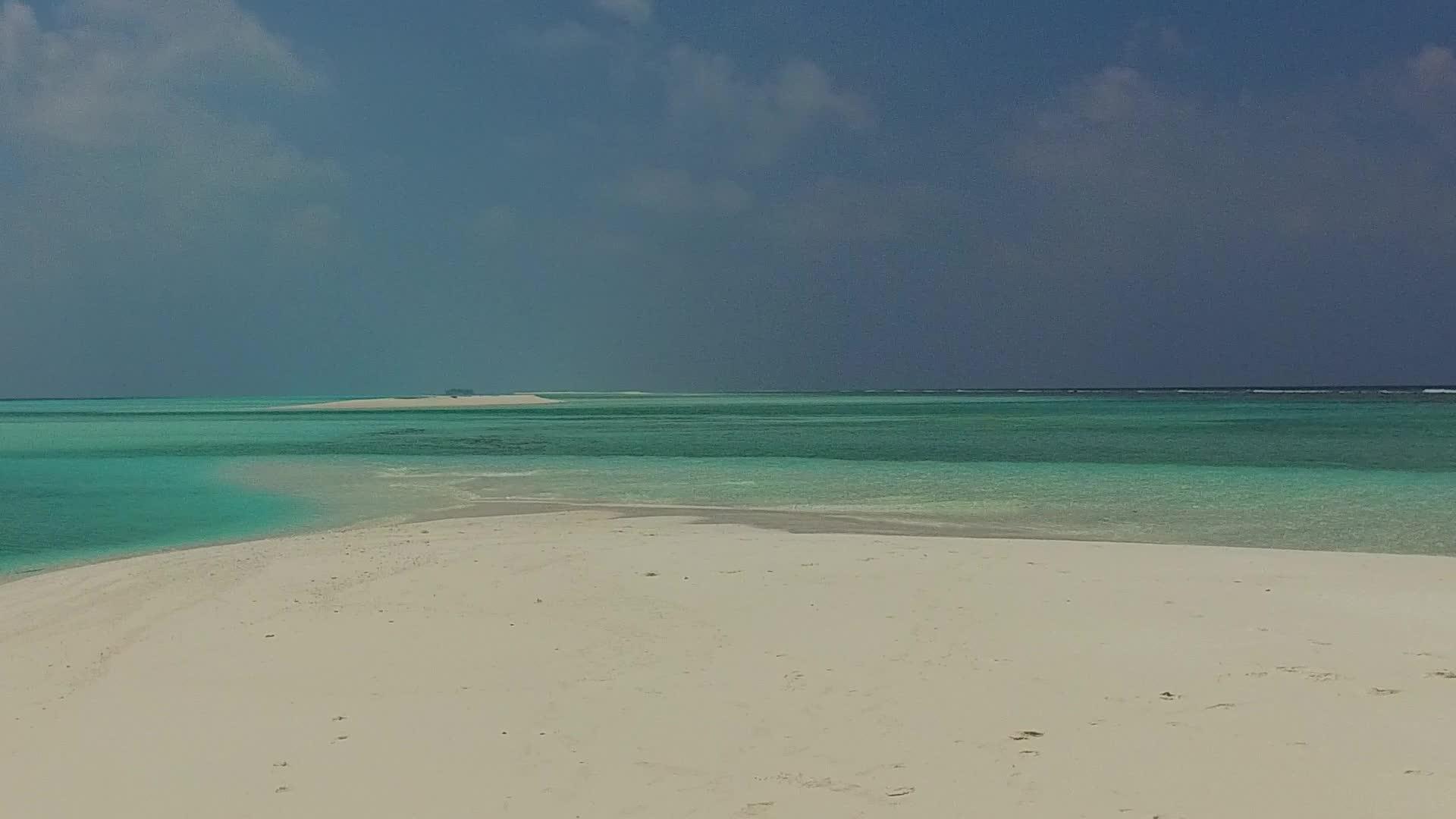 阳光明媚的豪华旅游海滩假日黄绿海和棕榈树附近的浅沙背景视频的预览图