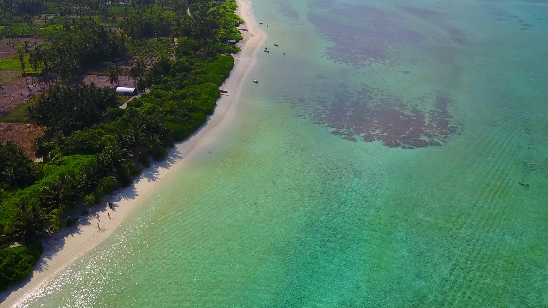 通过透明的海洋和度假胜地附近的浅沙背景穿过休闲海滩视频的预览图