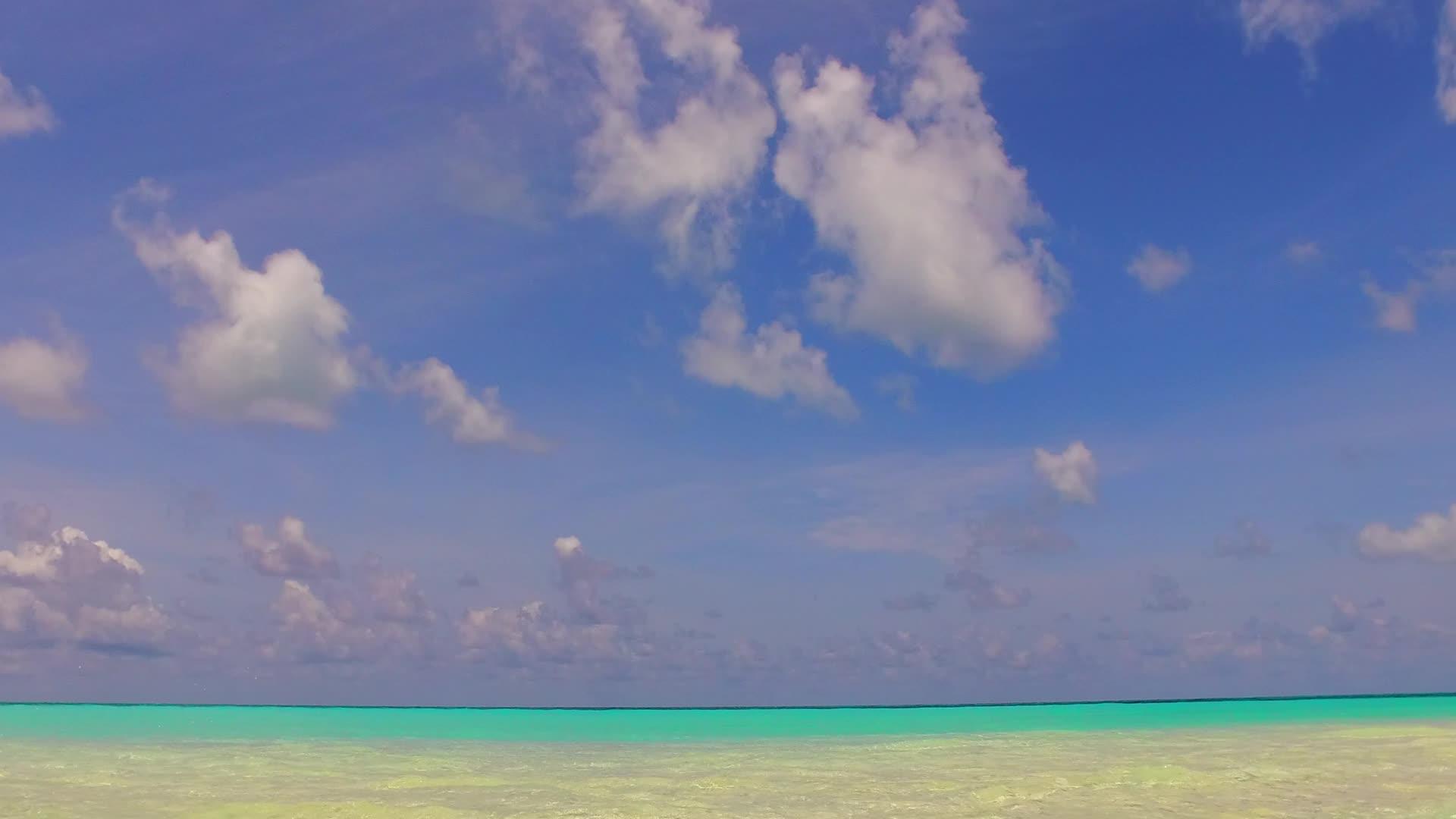 棕榈树附近的绿水和白沙背景的黄色海滨海滩日间全景视频的预览图