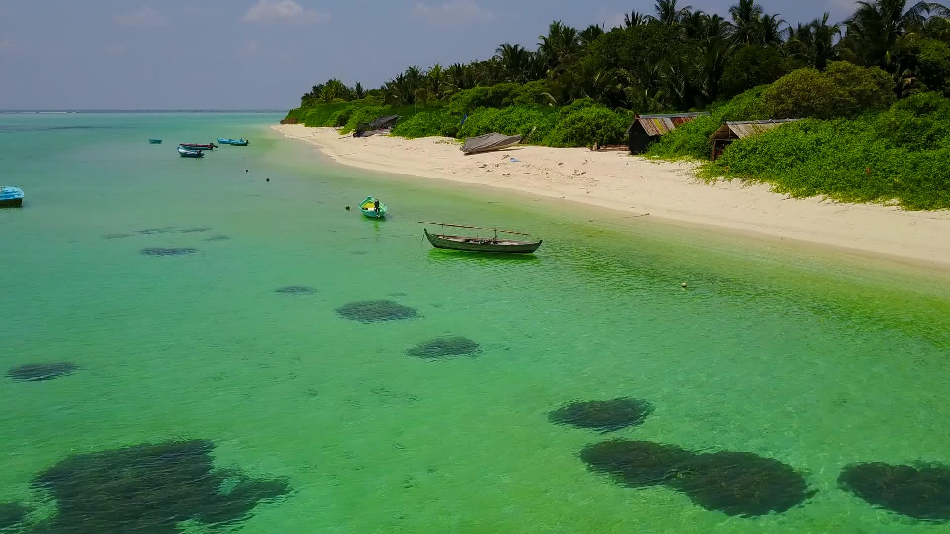 外国度假胜地的浪漫旅游沿着蓝色的绿色海洋和波浪附近的浅沙视频的预览图