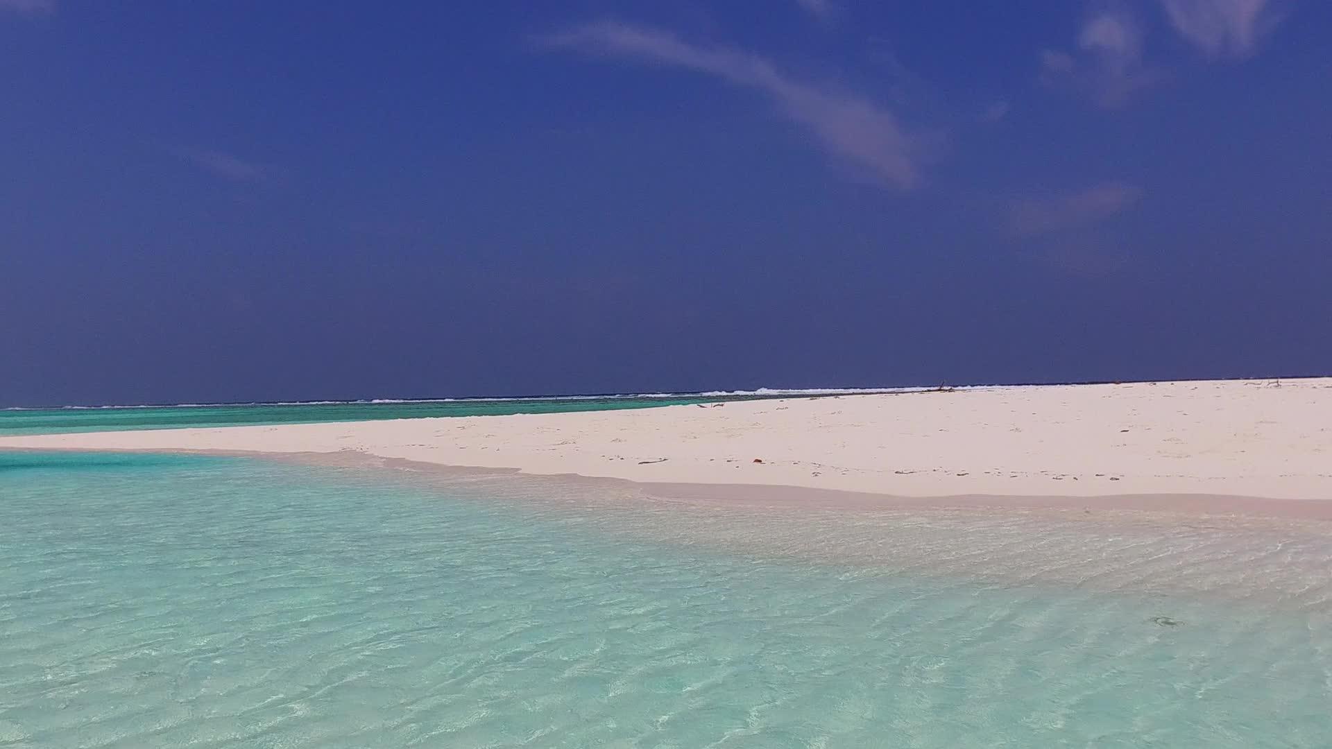 海洋海岸线在蓝水和棕榈树附近的白色沙滩上清空视频的预览图