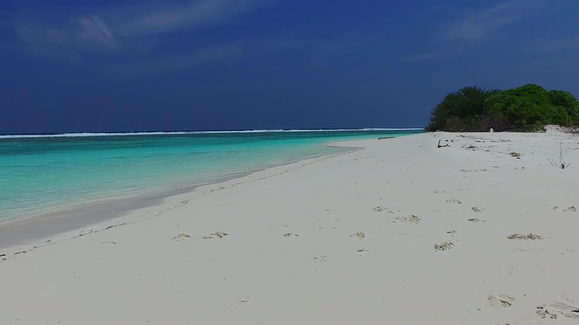 阳光明媚、宁静的海岸海滩假日全景是由棕榈树附近的白色沙底蓝色水平视频的预览图