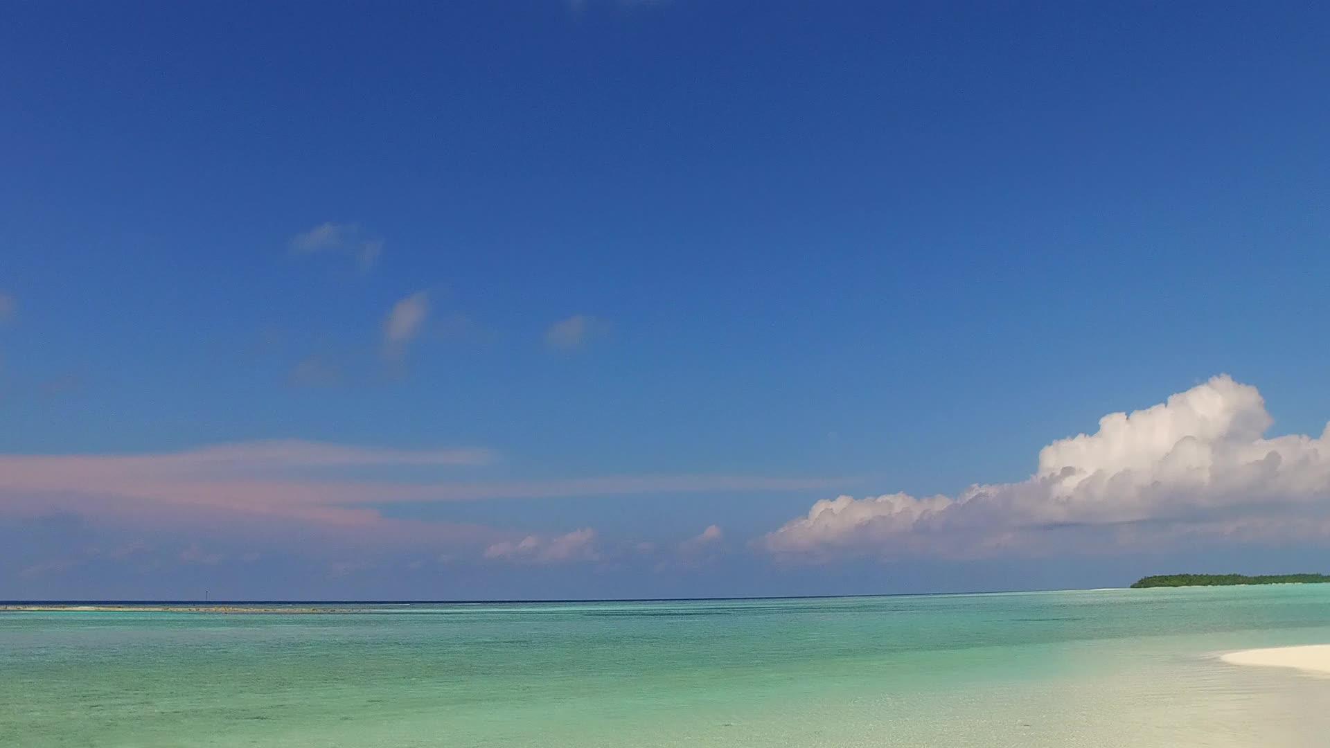 蓝色的海洋和棕榈树附近的白沙背景阳光明媚的度假胜地视频的预览图