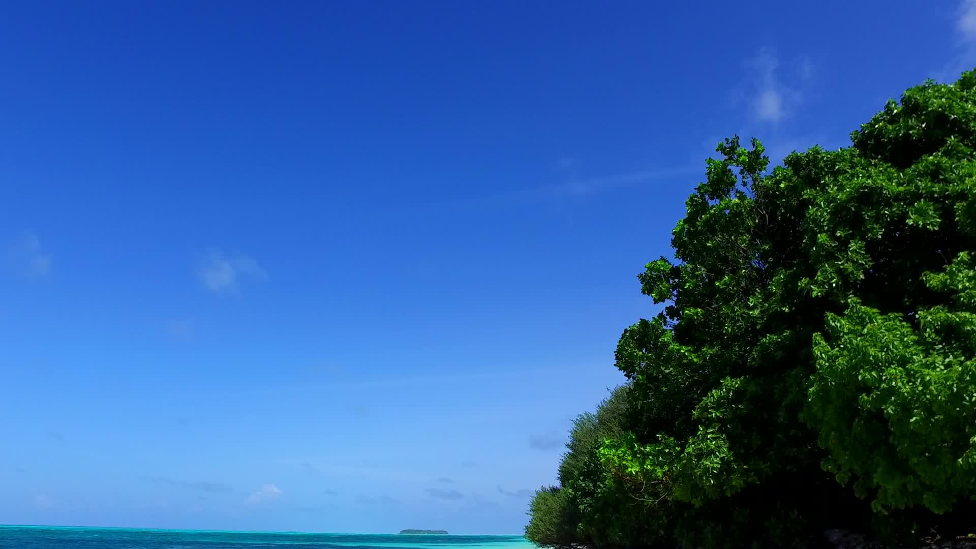 使用蓝色的水和接近冲浪的白色海滩背景进行海滨海滩生活视频的预览图