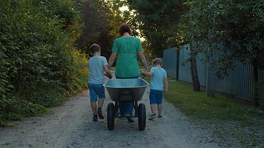 日落时分单身母亲的家人和两个孩子在村里的街道上骑着马车视频的预览图