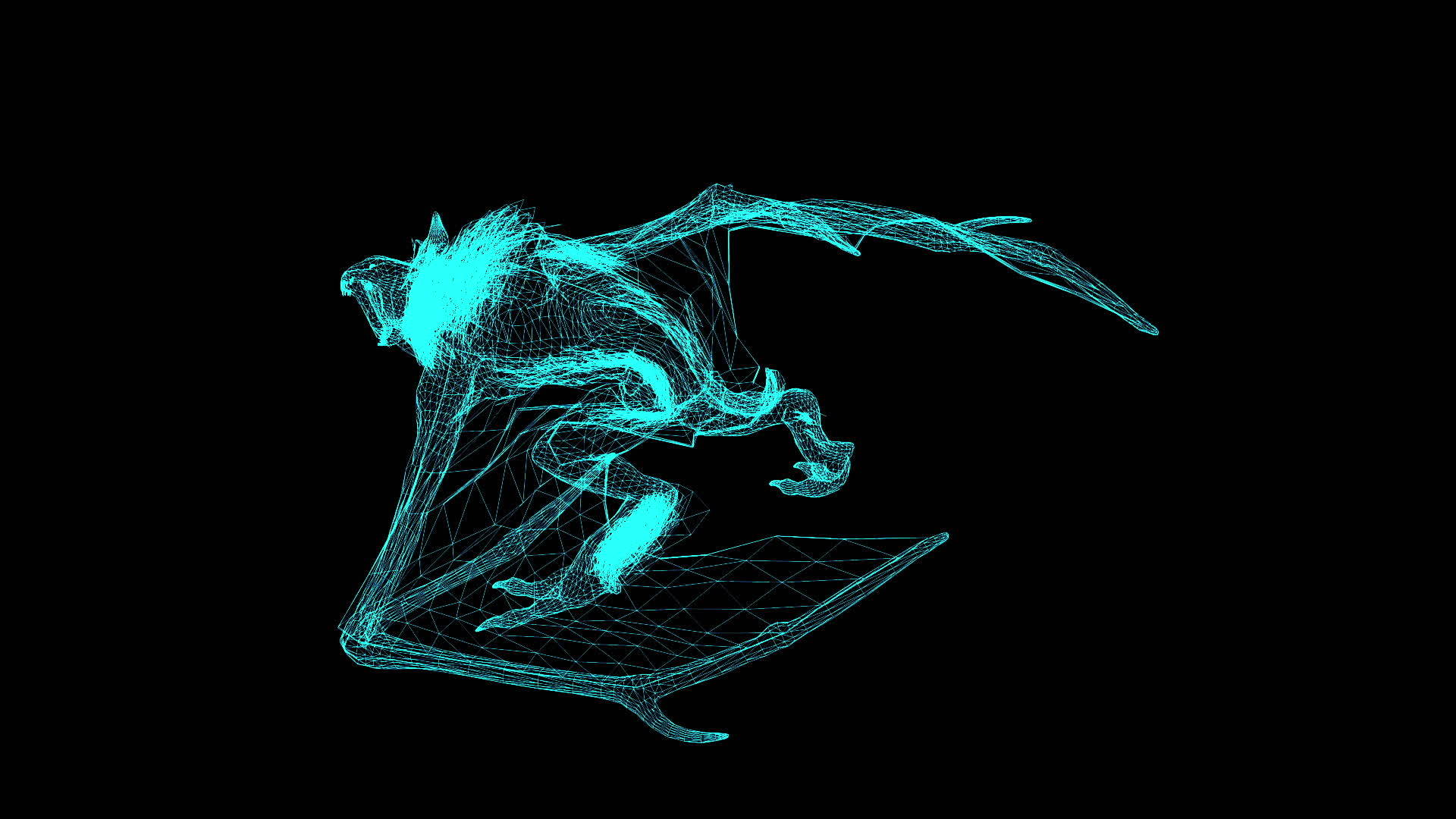 3D线框神秘野兽的动画在黑色背景下运行视频的预览图