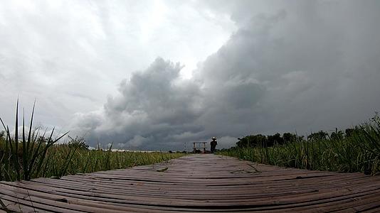 稻田里的木桥在风中摇摆云在天空中快速移动时间过得很快视频的预览图