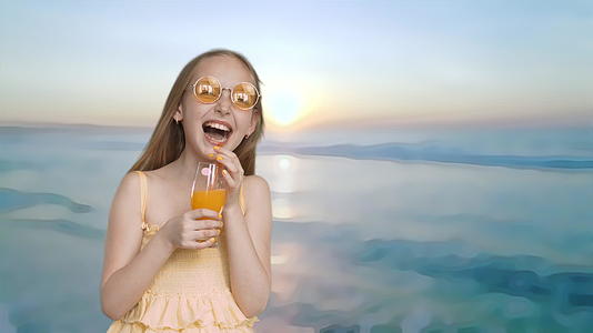 年轻女孩带着橘黄色的鸡尾酒在海面日出的风景中快乐地穿着视频的预览图
