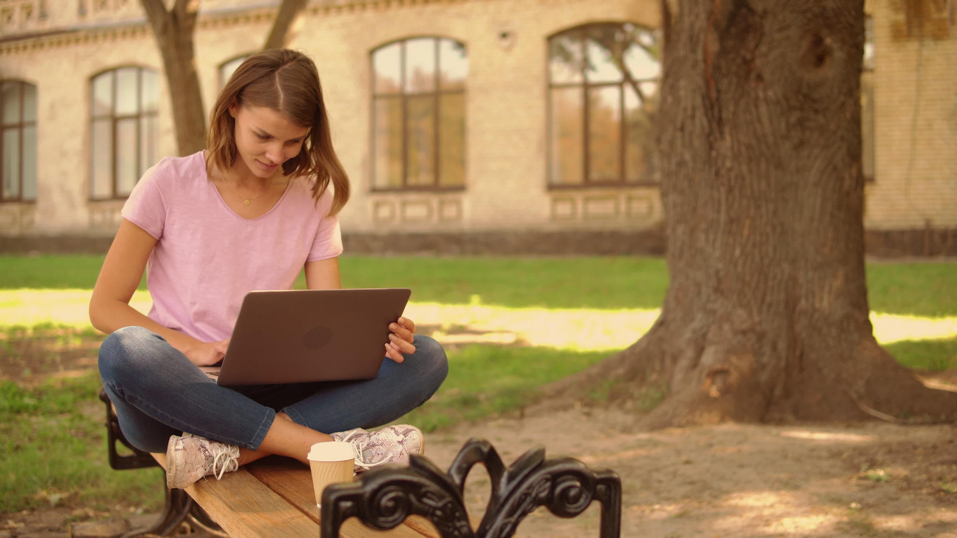年轻女性在露天使用计算机视频的预览图