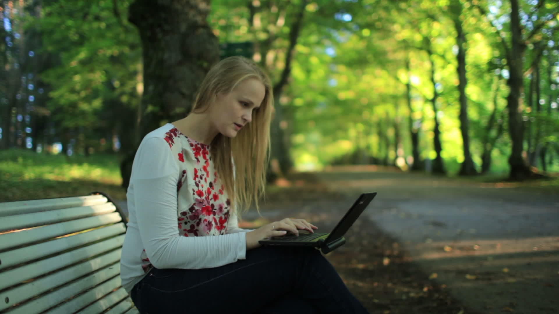 公园里的年轻女性使用笔记本电脑视频的预览图