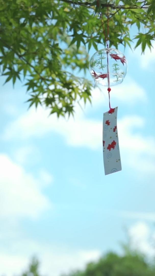 夏季树梢上的风铃在蓝天下晃动视频的预览图