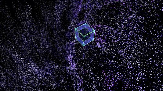 计算机抽象量子计算机抽象立方体和紫色粒子大数据数字视频的预览图