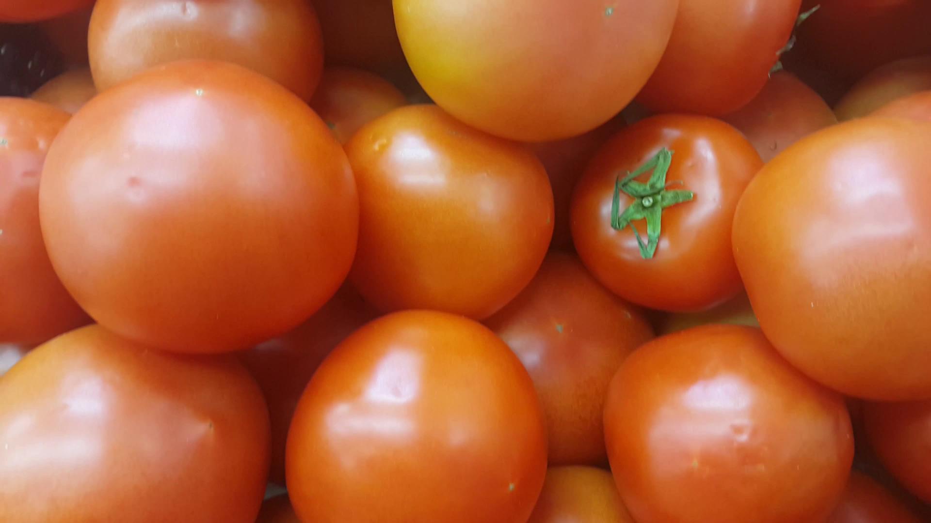 近距离观察市场上新鲜的红辣椒番茄视频的预览图