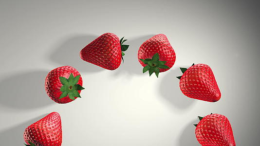 草莓的3D动画新鲜的草莓和白色背景上的绿叶视频的预览图