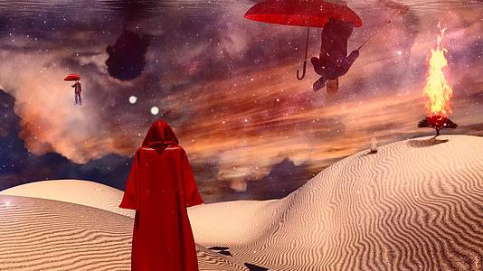 男人在红色的伞下漂浮在白色的沙漠里视频的预览图