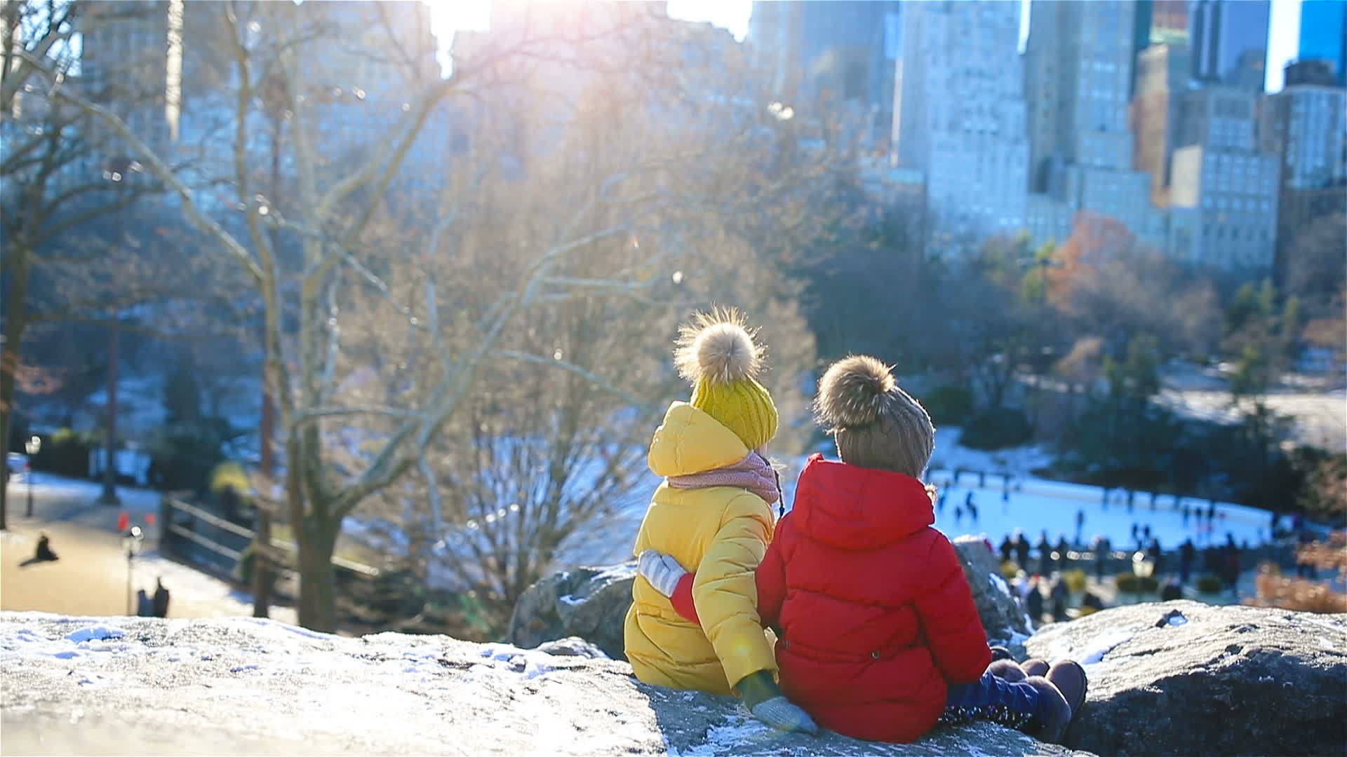 可爱的小女孩看着纽约中央公园著名的溜冰场视频的预览图