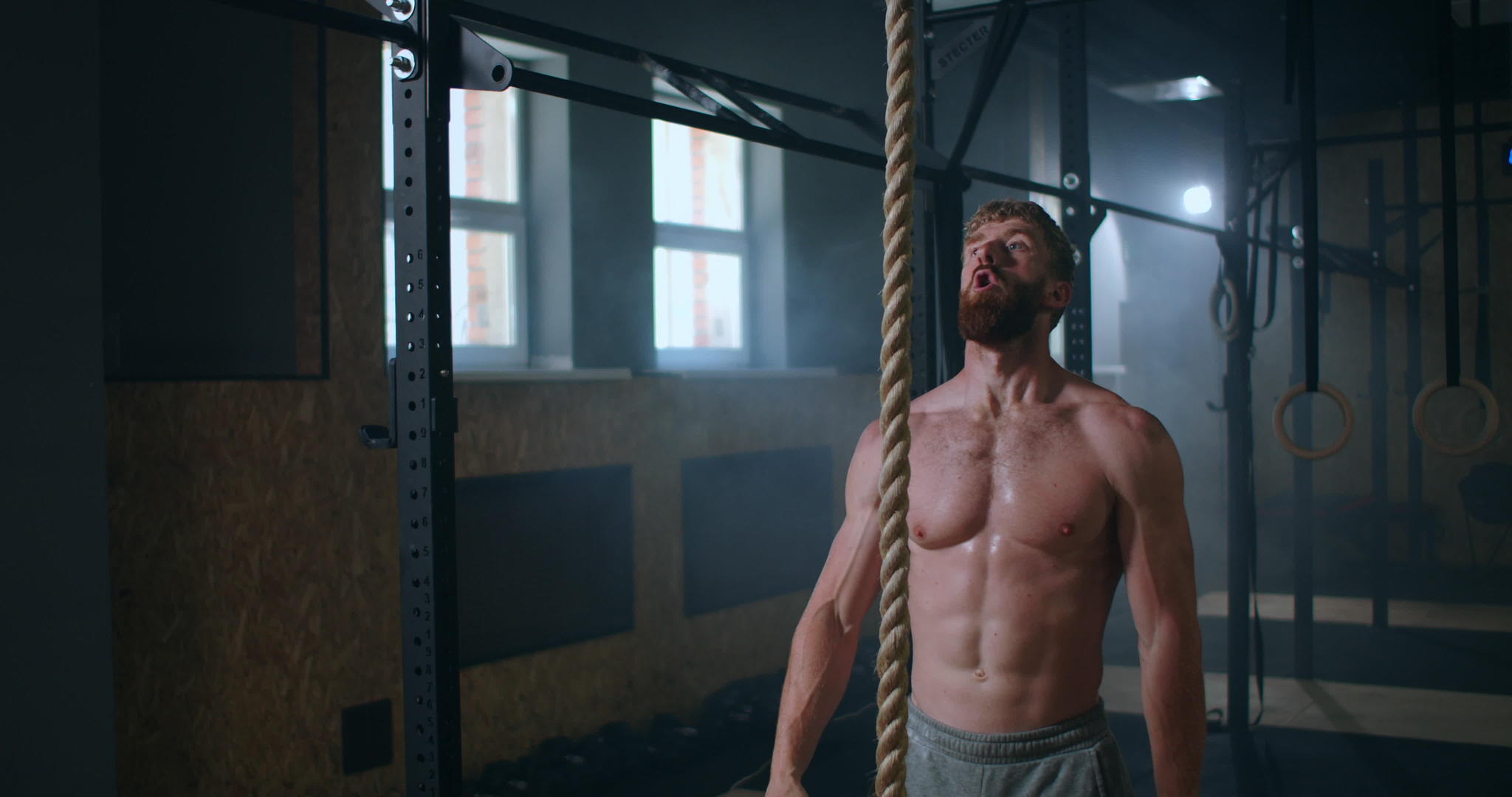 在健身房一个强壮的泵男爬上绳子爬到顶端视频的预览图