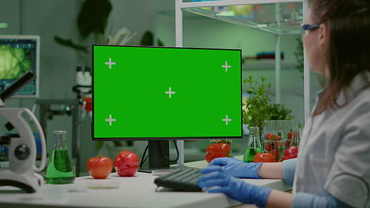 女科学家从事计算机工作模拟绿屏；在电脑上工作；视频的预览图