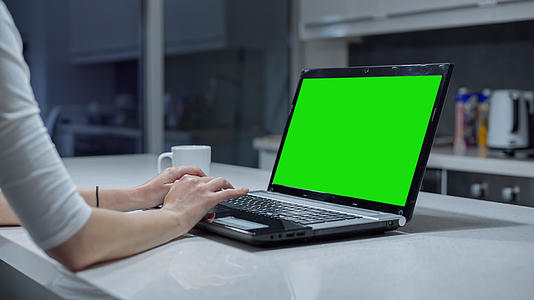年轻女性在家用绿屏笔记本电脑工作视频的预览图