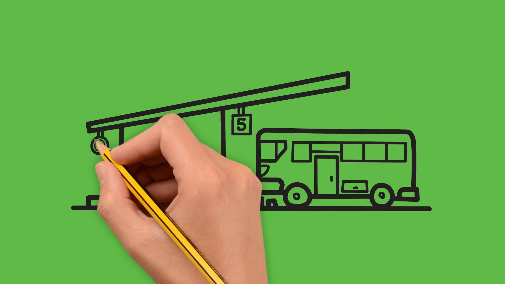 在绿色背景上画黑色和蓝色的公交车站艺术Busstop视频的预览图