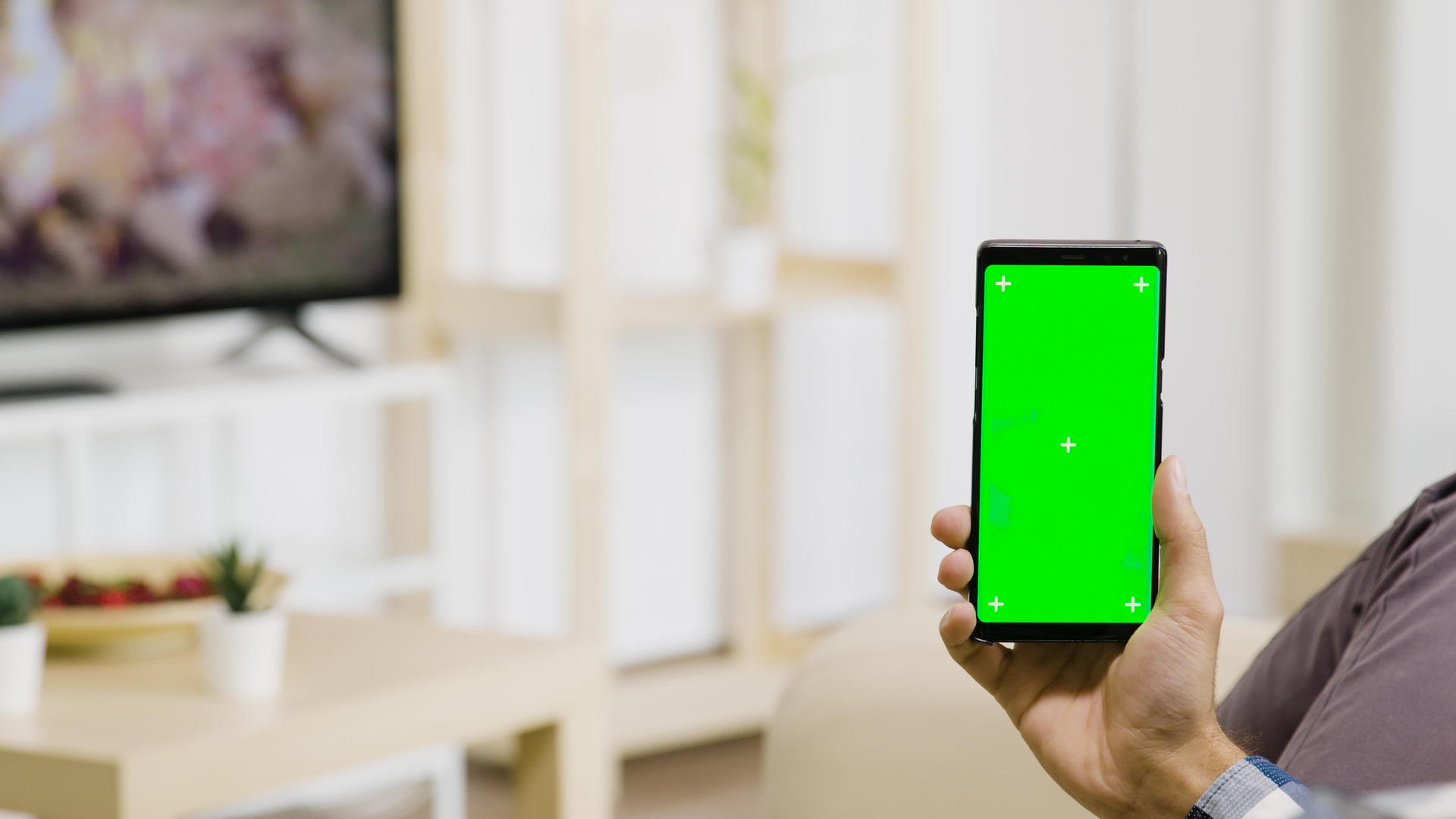 在现代明亮的客厅里有一个垂直的绿色屏幕电话视频的预览图