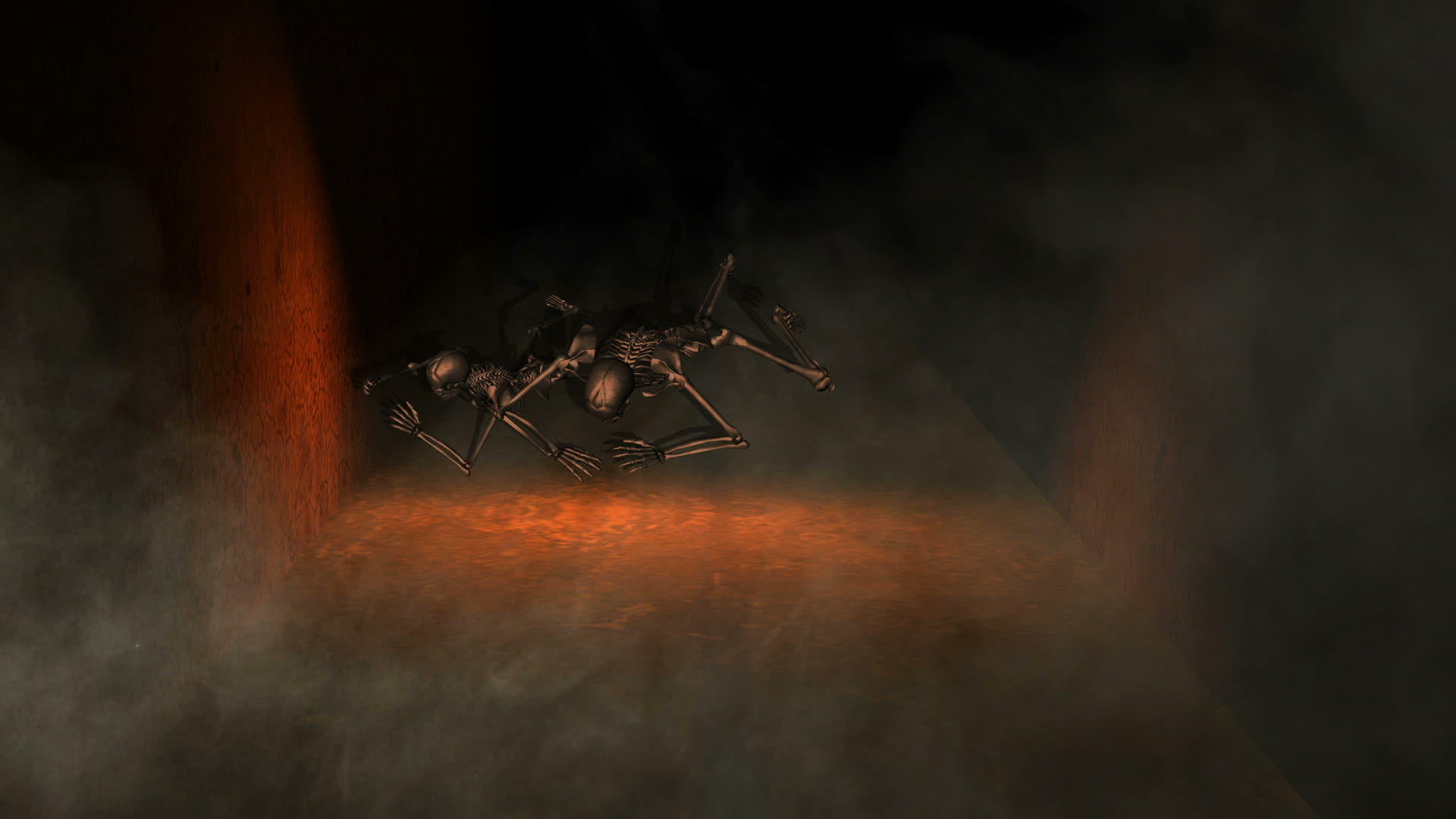 行走在黑暗的幽灵空间骨头爬行和投掷手榴弹恐怖场景动画视频的预览图