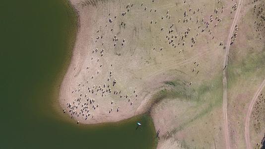 在葡萄牙阿连特鲁的一座大坝上无人机用来俯瞰湖泊和乡村的田野视频的预览图