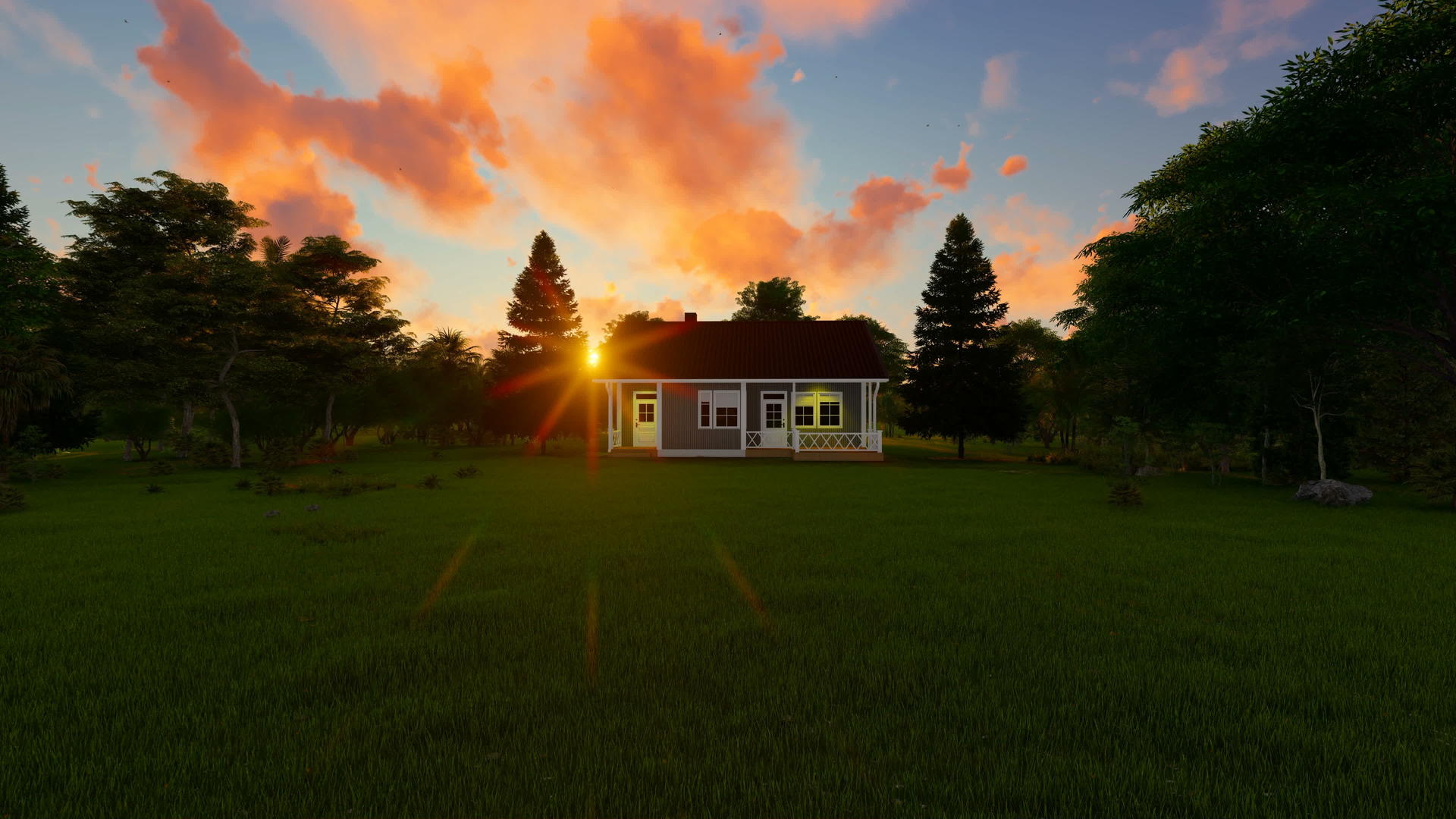 日落时有树木环绕的小房子视频的预览图
