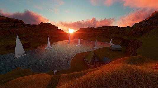 湖边的游艇在美丽的日落山之间视频的预览图