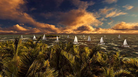 在美丽的夕阳下在海边的棕榈树上游艇视频的预览图