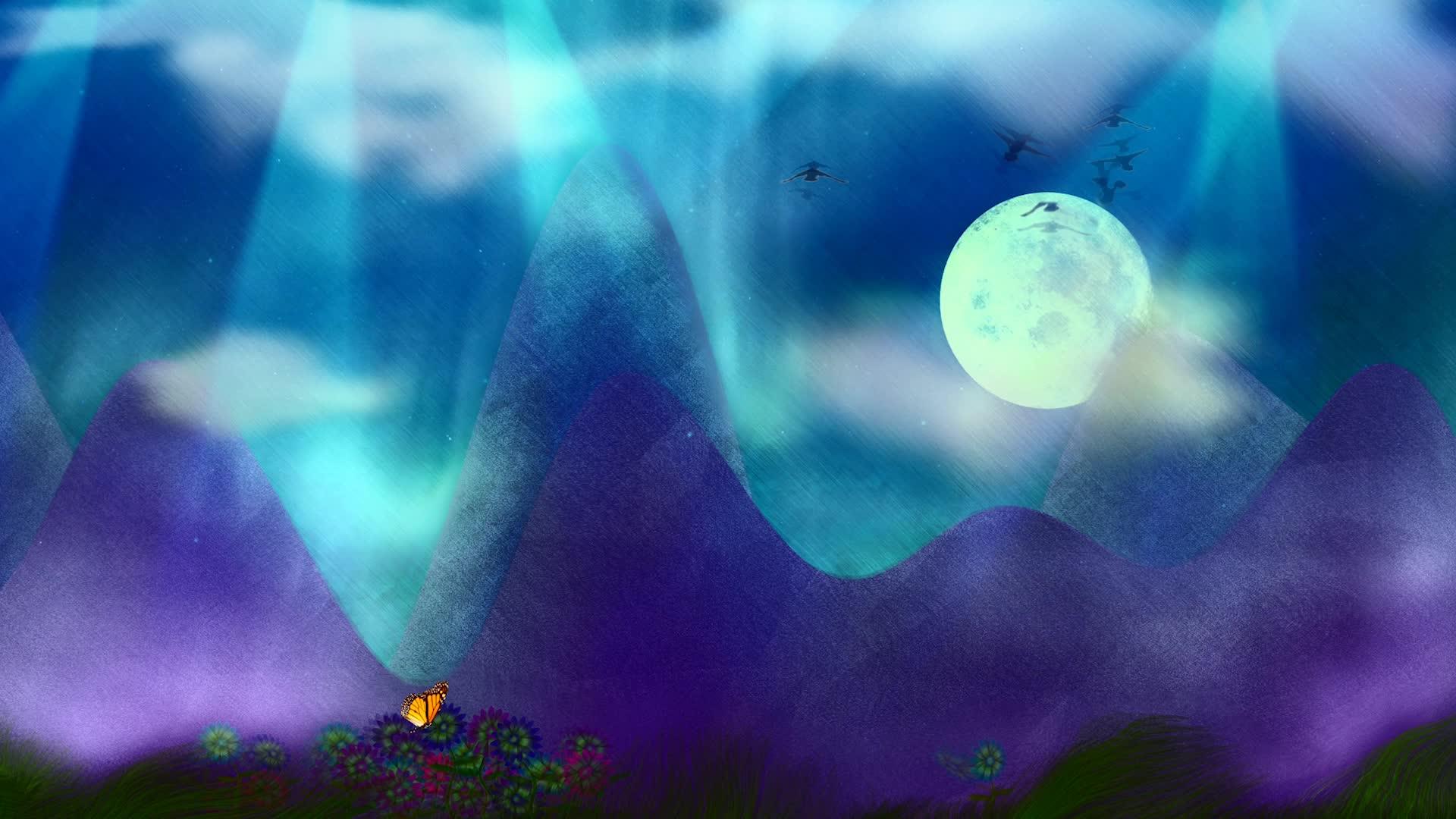 月亮在云的天空中有紫色的山视频的预览图